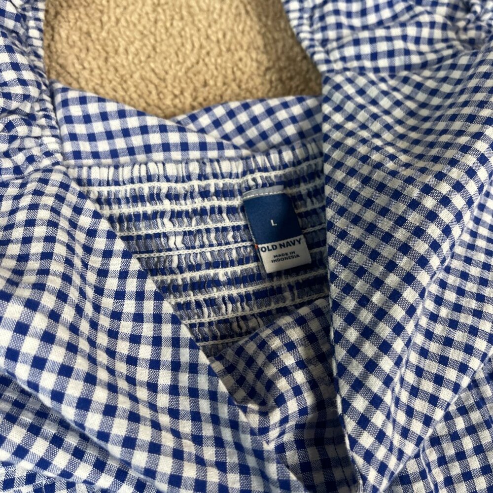 Old Navy Dress Womens L Blue Gingham Plaid Tiered Seersucker Maxi Cottagecore - Picture 7 of 10